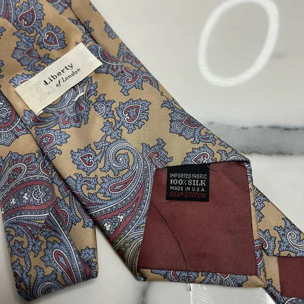 Liberty of London Men's Gold Blue Paisley Classic Length 100% Silk Tie Luxury
